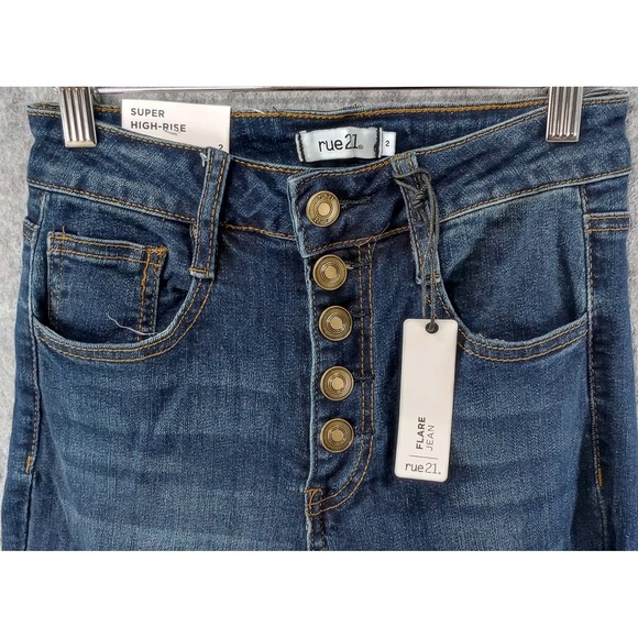 Rue 21 Super High Rise Flare Raw Hem Button Fly Dark Wash Denim Jeans 2 NWT Gift - Picture 5 of 16